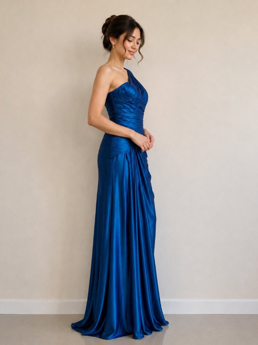 Princess Romy One Shoulder Prom Formal Dress | Pleated Draped Mock Wrap Gown - Picture 3 of 5